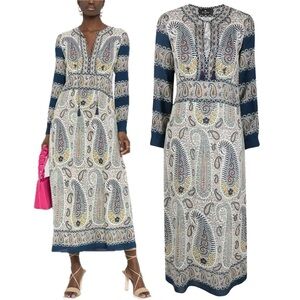 ETRO Mosaic Paisley White and Navy Print Tassel Long Sleeve Maxi Boho Dress